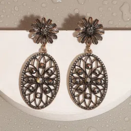Sohi Intricate Daisy Oval Golden Dangler Earrings for Women & Girls image 1