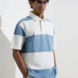 WES Casuals by Westside Blue Colour-Blocked Relaxed-Fit Polo T-Shirt-picture-14