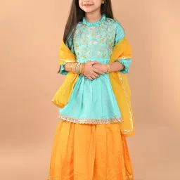 LilPicks Kids Blue & Yellow Embroidered Lehenga, Kurta With Dupatta image 1