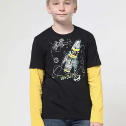 Jack & Jones Junior Boys Jet Black & Yellow Cotton Printed Full Sleeves T-Shirt image 1