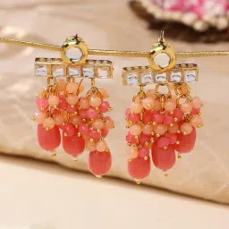 Zaveri Pearls Pink & Peach Cluster Crystal Beaded Kundan Drop Earring-ZPFK14766 image 1