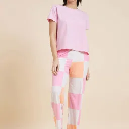 Sweet Dreams Pink & White Cotton Chequered T-Shirt Pyjama Set image 1