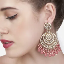 Zaveri Pearls Pink Cluster Beads Kundan & Pearls Antique Crescent Dangler Earrings - ZPFK13586 image 1