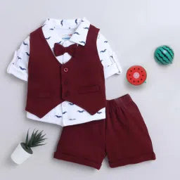 Bumzee Kids White & Maroon Cotton Printed Full Sleeves Shirt Set image 1