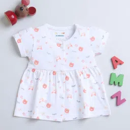 Bumzee Kids White & Peach Cotton Printed Frock image 1