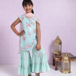 BIBA Girls Blue Floral Print Kurta, Palazzos and Dupatta-picture-19