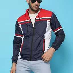 Campus Sutra Blue & Red Regular Fit Colour Block Hooded Jacket image 1