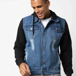 Campus Sutra Dark Blue & Black Regular Fit Colour Block Denim Jacket image 1