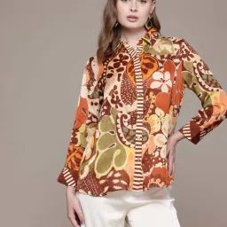 Label Ritu Kumar Brown Loose Fit Floral Print Shirt image 1