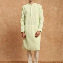 souragya Souragya's Solid Light Green Ethnic Chikankari Cotton Kurta Set for Men-picture-11