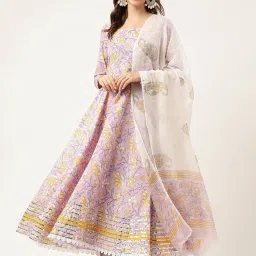 Divena Purple Cotton Handblock Print Gotta Patti Anarkali Kurta & Pant With Dupatta image 1