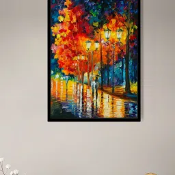 Art Street Beautiful Rainy Street Theme Printed Multicolor Engineered Wood Wall Art image 1