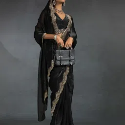 Saree Mall Black Satin Embellished Saree with Blouse Piece image 1