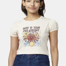 People by Pantaloons Cream Cotton Printed Cropped T-Shirt image 1
