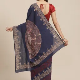 Kalakari India Navy & Red Cotton Silk Aztec Print Saree With Unstitched Blouse image 2