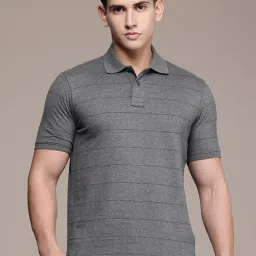 Burnt Umber Grey Regular Fit Striped Polo T-Shirt-image-95