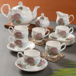 Clay Craft Printed Pink Ceramic Tea Set of 15 image 1