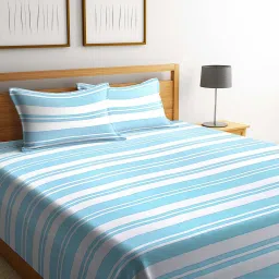 Klotthe Stripes Blue & White 300 TC Cotton King Bedsheet with 2 Pillow Covers image 1