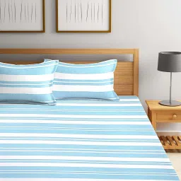 Klotthe Stripes Blue & White 300 TC Cotton King Bedsheet with 2 Pillow Covers image 2