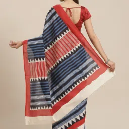 Kalakari India Off-White & Blue Cotton Printed Saree With Unstitched Blouse image 2