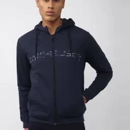 Van Heusen Flex Navy Blue Regular Fit Printed Hooded Jacket image 1