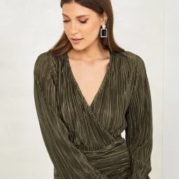 Styli Metallic Pleated Wrap Front Top with Fitted Waistband image 1