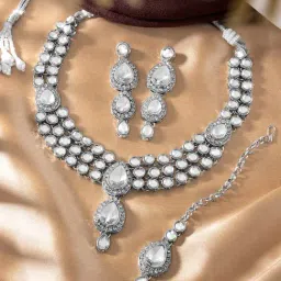 Peora Silver-Plated Kundan Studded Necklace with Earring Maang Tikka Jewellery Set-image-78