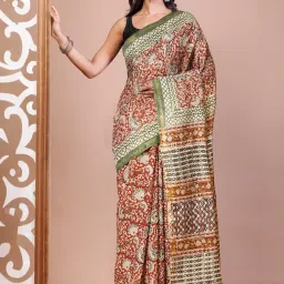 Unnati Silks Red & Green Printed Saree With Unstitched Blouse image 1