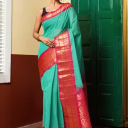 Unnati Silks Green & Pink Cotton Woven Saree With Unstitched Blouse image 1