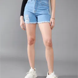 DOLCE CRUDO Blue Denim Distressed Mid Rise Shorts image 1