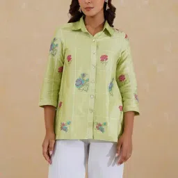 Inching India Green Dariya Cross Stitch Embroidered Shirt Top-image-1