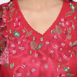 W Red Poly Chiffon Floral Flared Dress image 4