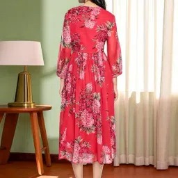 W Red Poly Chiffon Floral Flared Dress image 2