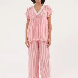 Slumber Jill Pink Cotton Comfort Fit Striped Night Suit-image-7