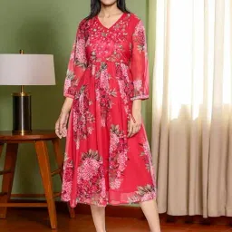 W Red Poly Chiffon Floral Flared Dress image 5