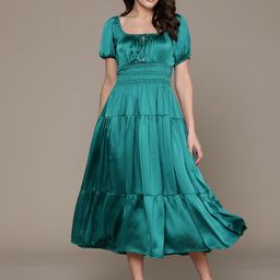 Label Ritu Kumar Tie-Up Neck Puff Sleeve Satin A-Line Midi Dress-picture-49