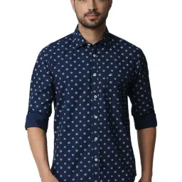 Basics Estate Blue Cotton Slim Fit Printed Shirt-image-77