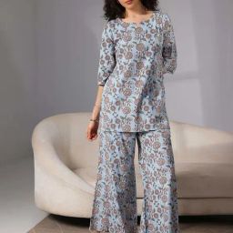 Libas Blue Cotton Printed Tunic Pyjamas Set-picture-34