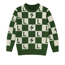 GTWO Unisex Kids Green & White Wool Blend Checked Pullover Sweater-picture-18