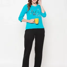 Clovia Blue & Black Graphic Print T-Shirt with Pyjamas image 1