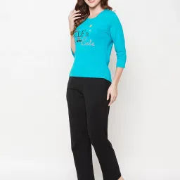 Clovia Blue & Black Graphic Print T-Shirt with Pyjamas image 3