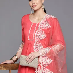 Inddus Floral Embroidered Pleated Thread Work Kurta With Trousers & Dupatta image 1