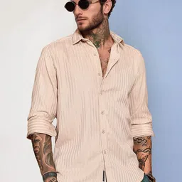 SZN Men Cream Striped Spread Collar Long Sleeve Cotton Casual Regular Shirt-picture-22