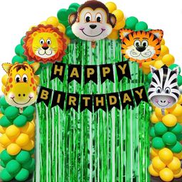 Bubble Trouble Jungle Theme Birthday Decoration Kit Boys Combo Set Green Yellow Animal Face Foil Balloon Green Birthday Backdrop Foil Curtain Jungle Theme Banner- 67 Items-picture-30