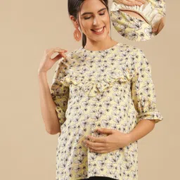 Shades Of Sabi Three Fourth Sleeves Cotton Floral Printed Straight Cut Ruffle Maternity Top - Yellow-image-31