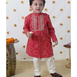 Tiber Taber Full Sleeves Bandhej Printed & Lace Embellished Kurta Pyjama Set - Red-picture-14