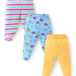 Babyhug Cotton Full Length Bootie Leggings Stripes & Dino Print Pack Of 3- Blue Yellow & Pink-picture-22