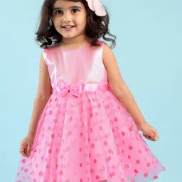 Babyhug Sleeveless Fit & Flare Party Frock with Bow Applique - Pink-image-22