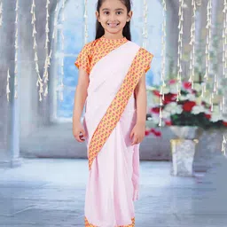 Little Bansi Half Sleeves Floral Printed Coordinating Blouse & Saree Set - Baby Pink-picture-11