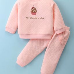 ToffyHouse Cotton Knit Full Sleeves T-Shirt & Lounge Pants Set With Cupcake Embroidery - Light Pink-image-80